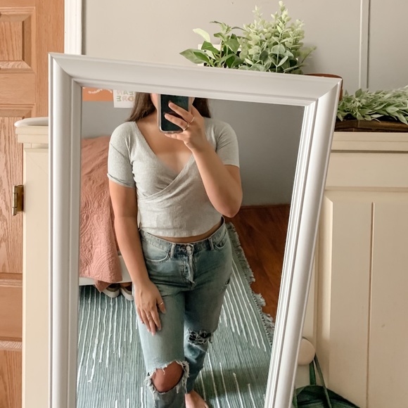 gray ribbed wrap top - Picture 2 of 3